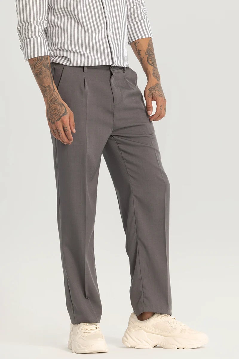 SNITCH Grey Plain Relaxed Fit Trousers - Image 4